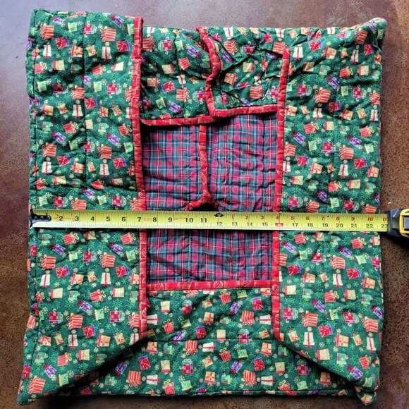Square Quilted Christmas Tree Skirt Collar Gift Print Plaid Hand‎ Made 24" - Picture 2 of 9
